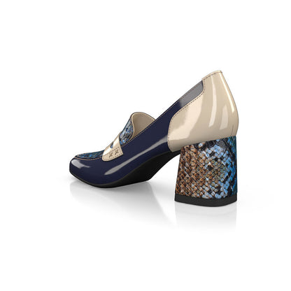 Navy & Beige Patent Leather Snakeskin Print Block Heeled Loafers