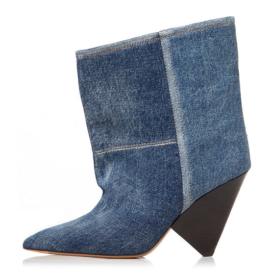 Blue Denim Patchwork Pointed Toe Cone Heel Ankle Boots