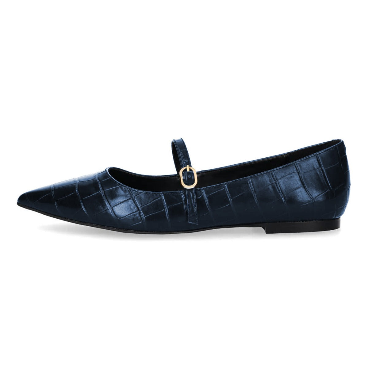 Navy Pointed Toe Croc Embossed Buckle Strap Mary Jane Flats