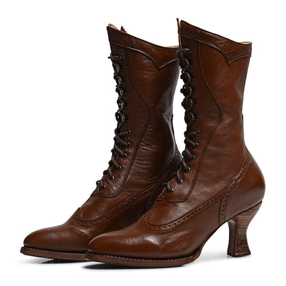 Brown Lace-Up Almond Toe Spool Heel Mid Calf Boots for Women