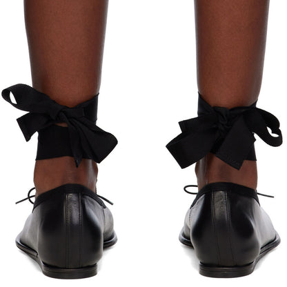 Black Square Toe Pearl Bow Decor Lace Up Ankle Strap Ballet Flats