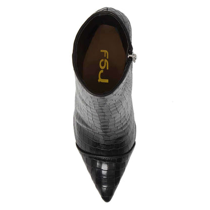 Black Croco Embossed Booties Pointed Toe Stiletto Heel Ankle Boots