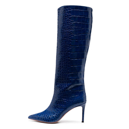 Cobalt Blue Pointy Croco Embossed Knee High Boots with Stiletto Heel