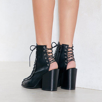 Black Faux Leather Chunky Heel Pointed Toe Lace Up Ankle Boots