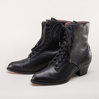 Black Lace-Up Chunky Heel Ankle Boots for Women with Almond Toe