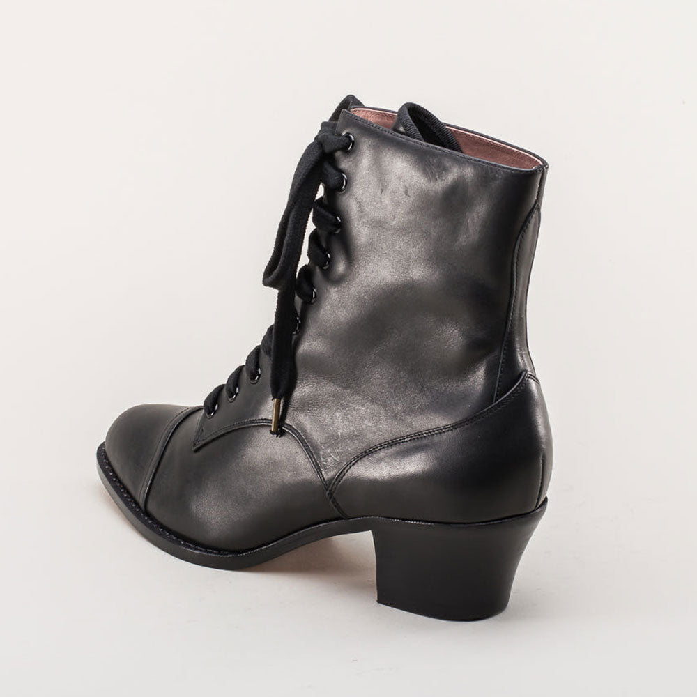 Black Lace-Up Chunky Heel Ankle Boots for Women with Almond Toe