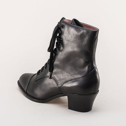 Black Lace-Up Chunky Heel Ankle Boots for Women with Almond Toe