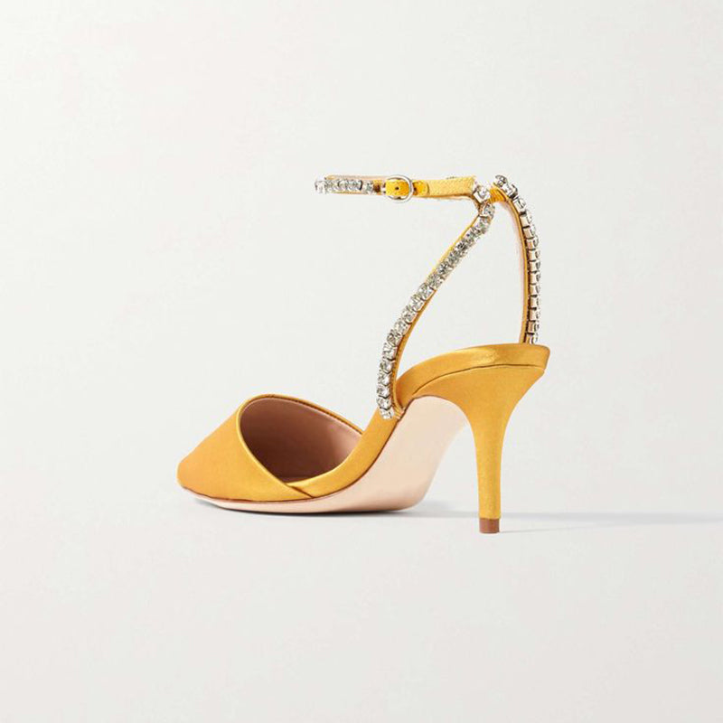 Yellow Satin Ankle Strap Rhinestones Kitten Heels Pointy Toe Pumps