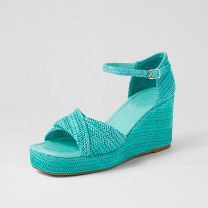 FSJ Turquoise Square-Toe Woven Platform Sandals with Wedge Heels