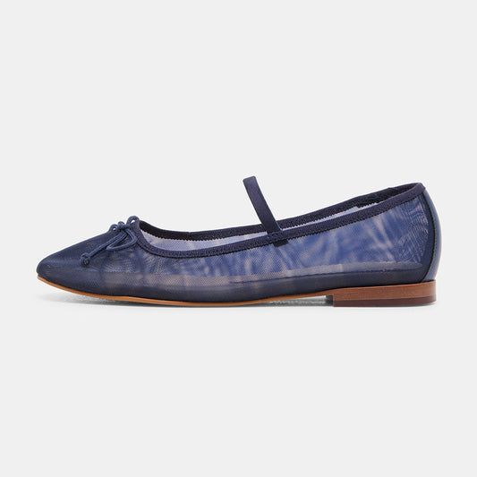 FSJ Navy Mesh Round Toe Bow Simple Ballet Flats with A Strap
