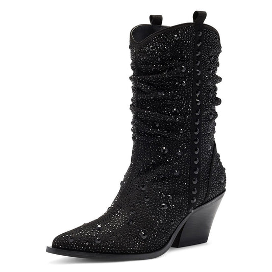 Black Rhinestone Mid Calf Western Boots