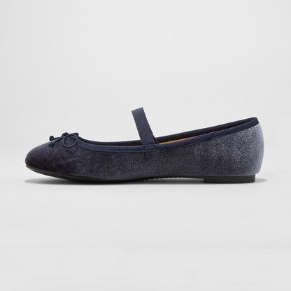 Navy Velvet Round-Toe Bowknot Ballet Flats with A Strap
