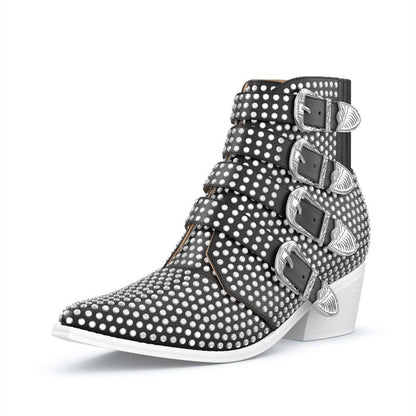 Black Pointed Toe Buckle Strap Rhinestone Hotfix Heeled Ankle Boots