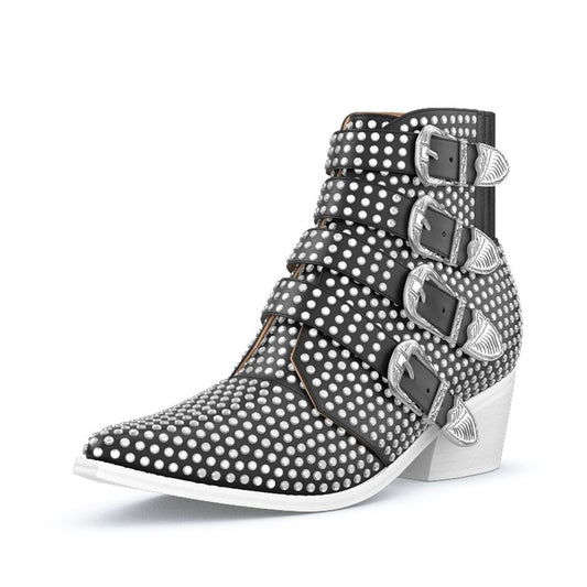 Black Pointed Toe Buckle Strap Rhinestone Hotfix Heeled Ankle Boots
