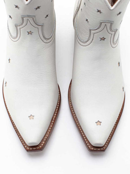 White Snip Toe Stars Detail Chunky Heel Cowgirl Ankle Boots