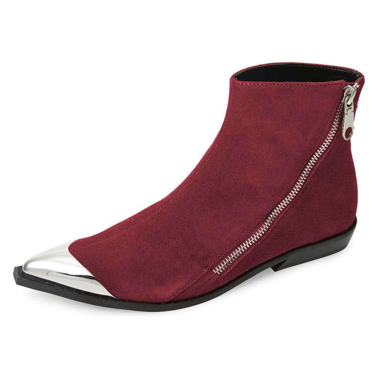 Wine Red and Silver Zipper Flat Ankle Boots by FSJ