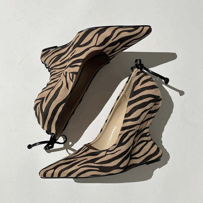 Zebra Print Pointed Toe Back Lace-Up Vegan Suede Wedge Pumps