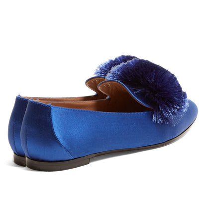Royal Blue Satin Square Toe Pom Pom Flats Women's Loafers