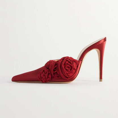 Women's Red Satin Pointed Toe Floral Embellished High Heel Mules