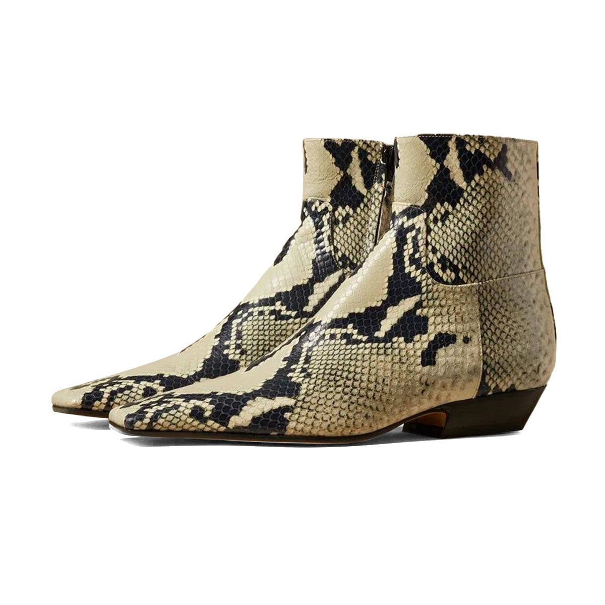 Beige & Black Snake Embossed Square Toe Zipper Low Heel Ankle Boots