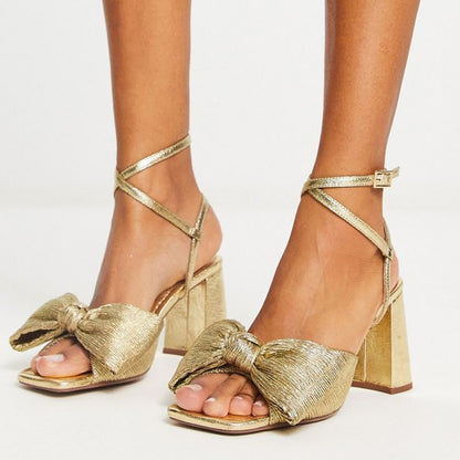 Elegant Gold Square Toe Block Heel Sandals Ruched Bow Evening Shoes