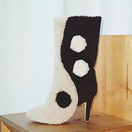 Black & White Faux Fur Bagua Pattern Mid-Calf Heeled Winter Boots