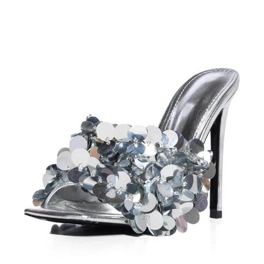 FSJ Metallic Silver Sequin Square Toe High Heel Mules for Women