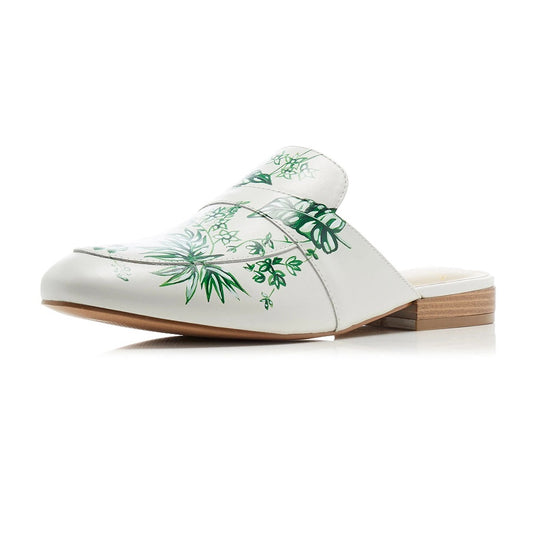 White Floral Print Flat Mules Loafers for Women