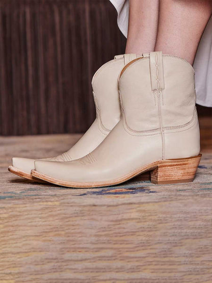 Beige Vegan Leather Snip Toe Block Heeled Cowgirl Ankle Boots