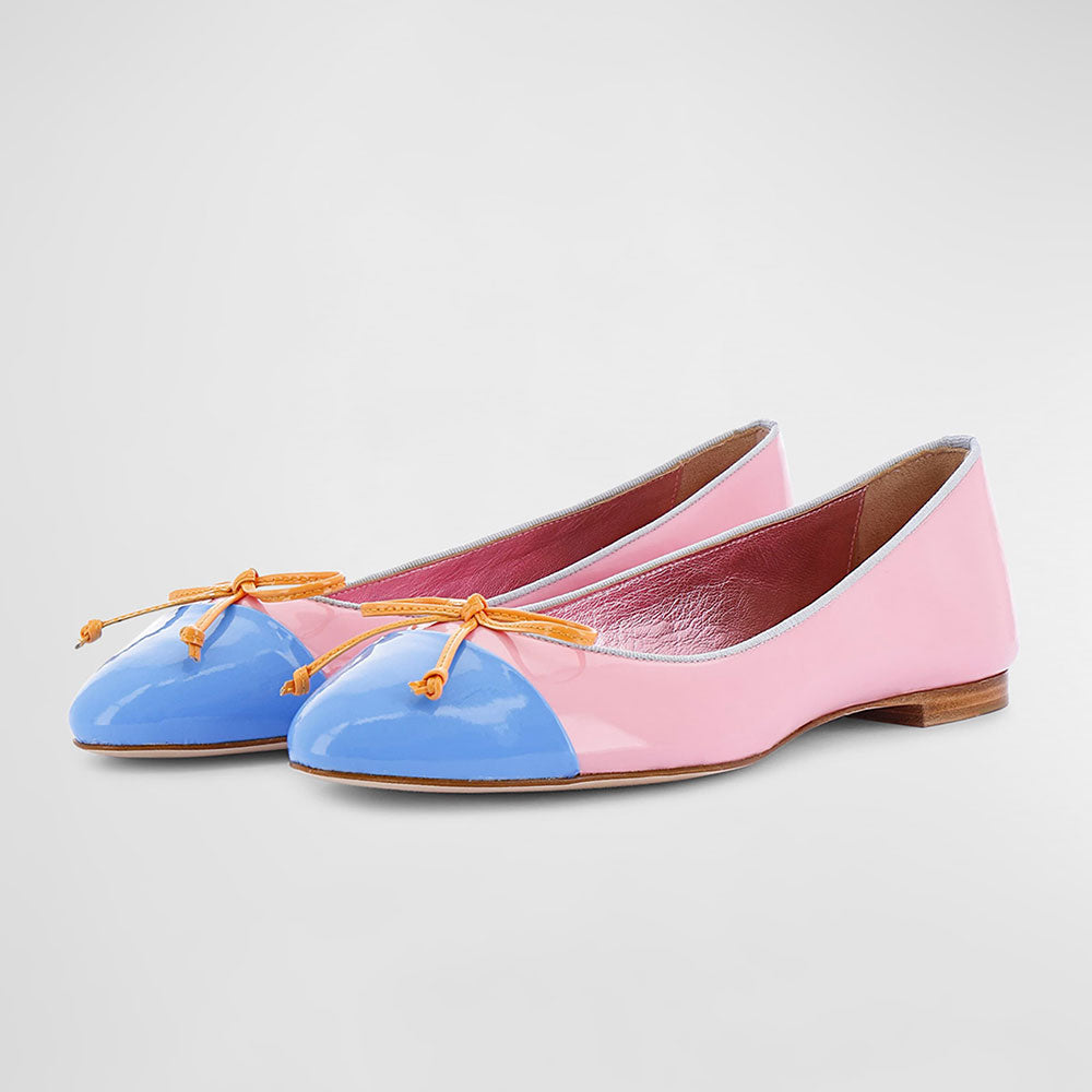 Pink Patent Leather Slip-On Bow Ballet Flats with Blue Toe Cap
