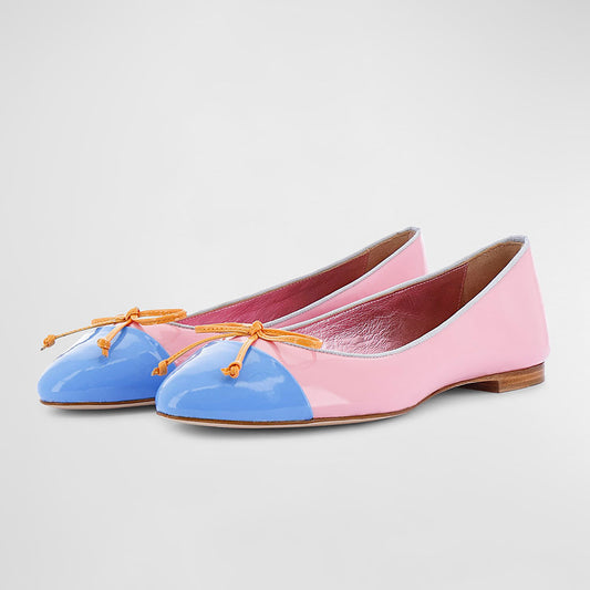 Pink Patent Leather Slip-On Bow Ballet Flats with Blue Toe Cap