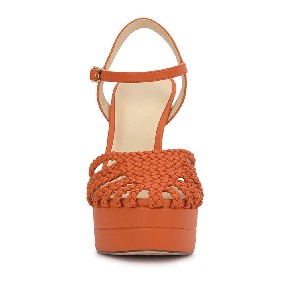 Orange Woven Ankle Strap Round Toe Platform Chunky Heeled Sandals