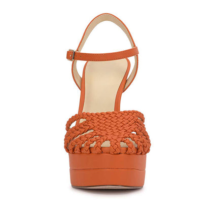 Orange Woven Ankle Strap Round Toe Platform Chunky Heeled Sandals