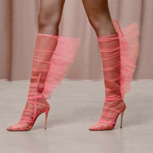 Pink Ruched Tulle Stiletto Knee High Boots with Butterfly Wing Design