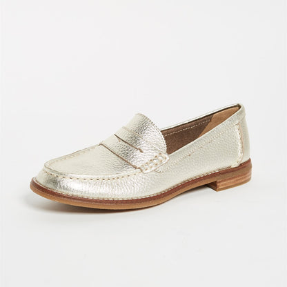 Champagne Litchi Grain Flats Round Toe Penny Loafers for Women