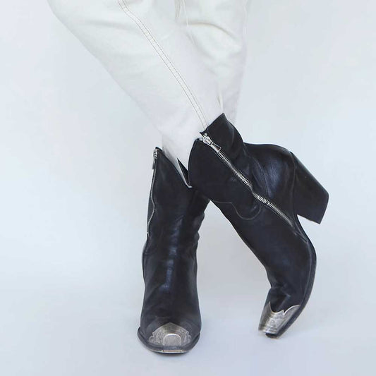 Black Vegan Leather Metallic Snip Toe Side-Zip Cowgirl Ankle Boots