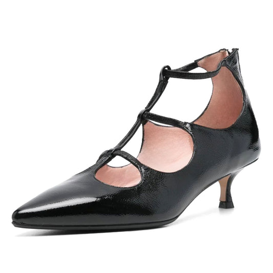 Women's T-Strap Pointed Toe Back Zipper Low Heel Pumps in Black