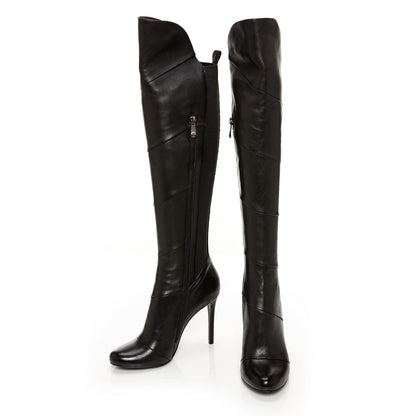Black Closed Toe Stiletto Heel Stretch Knee High Boots for Women
