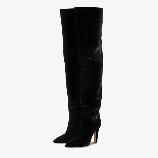 Black Velvet Chunky Heel Slouchy Pointed Toe Over The Knee Boots