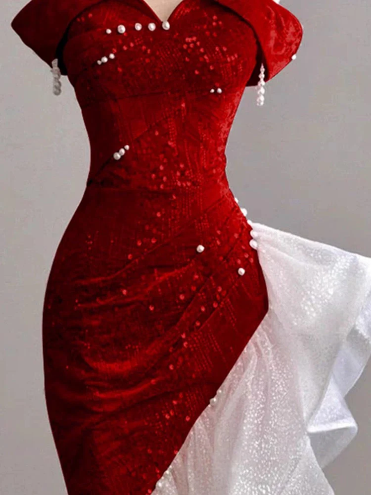 Sheath Off The Shoulder Sequin Red Evening Dress Prom Dresses Birthday Outfits  cg26196