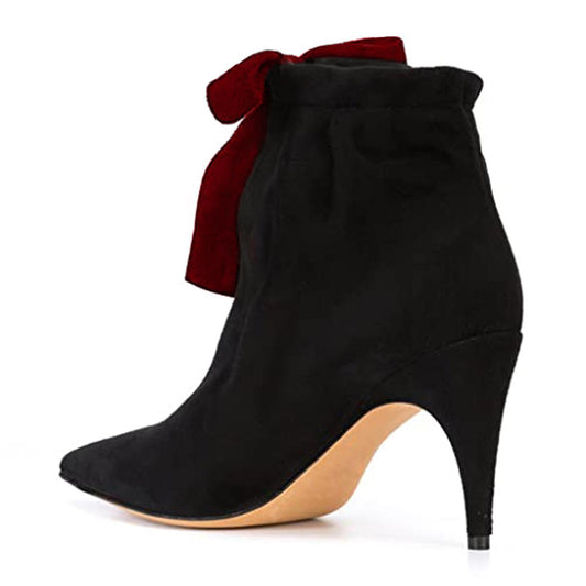 Women's Vegan Suede Pointed Toe Bowknot Decor Heeled Ankle Boots