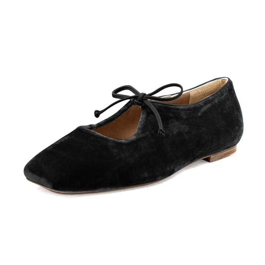 Retro Black Velvet Square Toe Lace Up Women's Dress Flats
