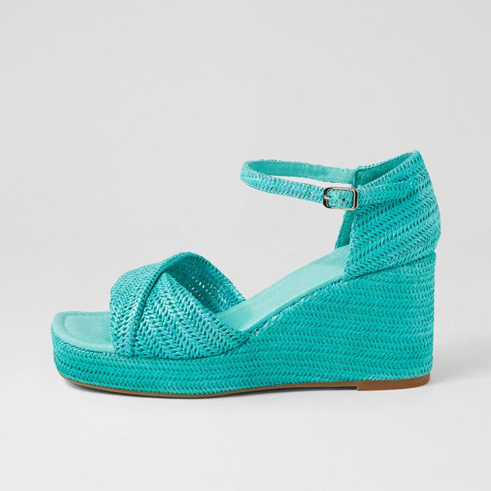 FSJ Turquoise Square-Toe Woven Platform Sandals with Wedge Heels