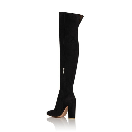 Women's Vegan Suede Closed Toe Over The Knee Boots with Block Heels