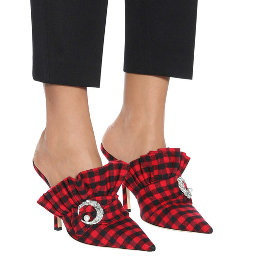 Women's Vintage Black & Red Plaid Pointed Toe Ruffle Mule Heels
