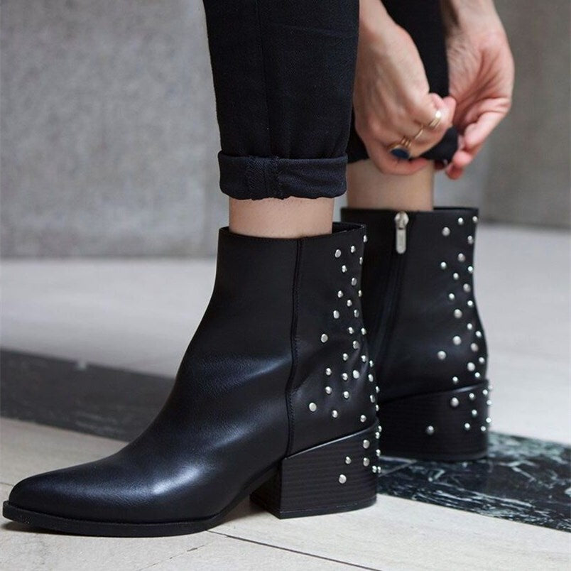Black Chunky Heels Studs Shoes Ankle Boots with Zipper