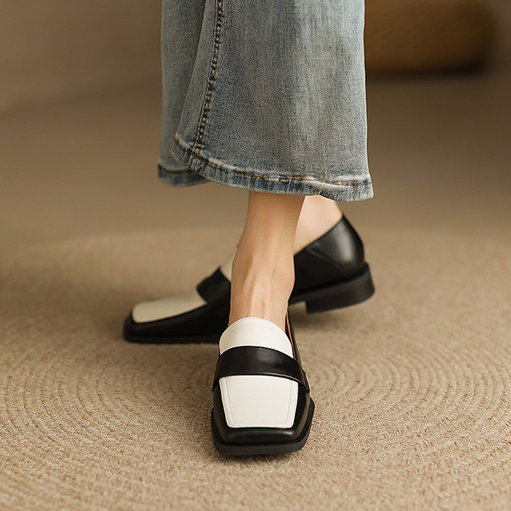 Black & White Square Toe Block Heel Loafers for Women