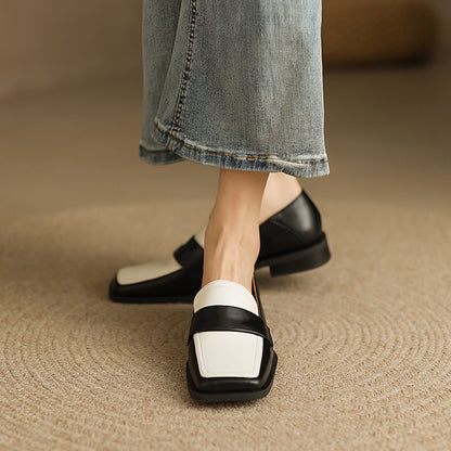Black & White Square Toe Block Heel Loafers for Women