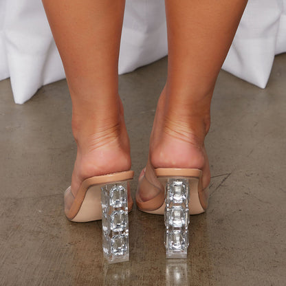 Women's Trendy Clear Heels Open Toe Slip On Mules Shoes in Nude