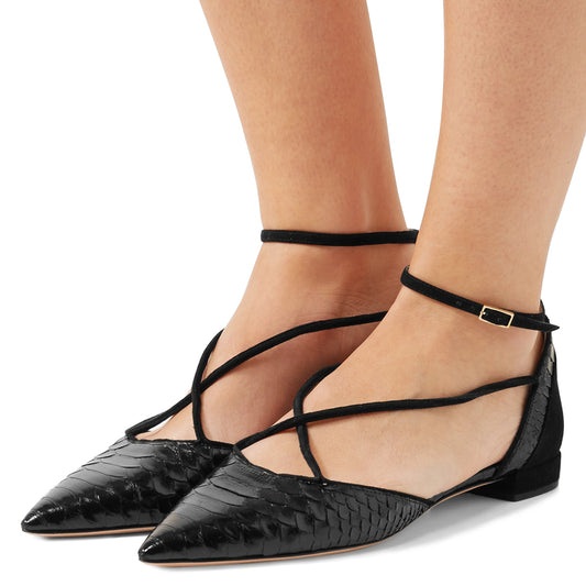 Black Pointy Toe Flats Python Ankle Strap Shoes